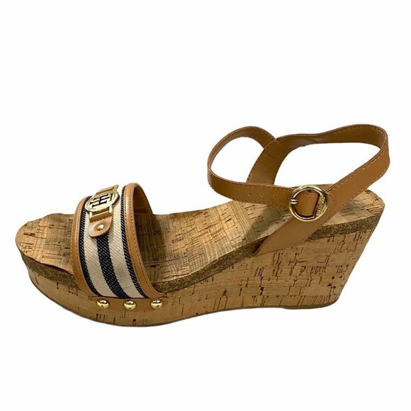 Tommy Hilfiger Women's Twhottie Nautical Logo Stripe Cork Wedge Sandals Size 9.5 - Picture 12 of 12